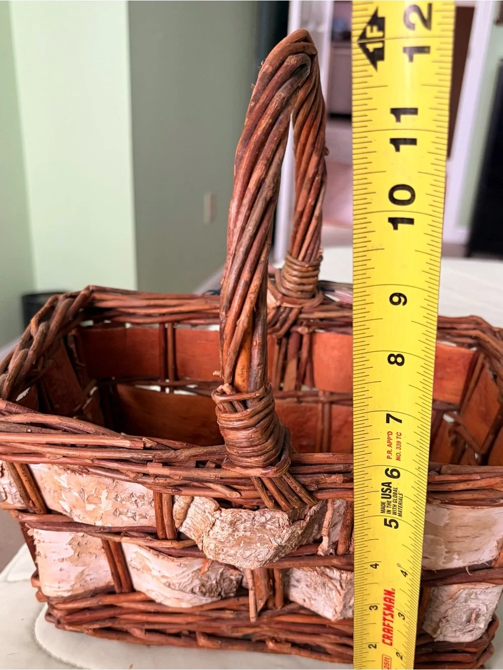Vintage Handmade Woven Rustic Birch & Wicker Handled Basket - Brown